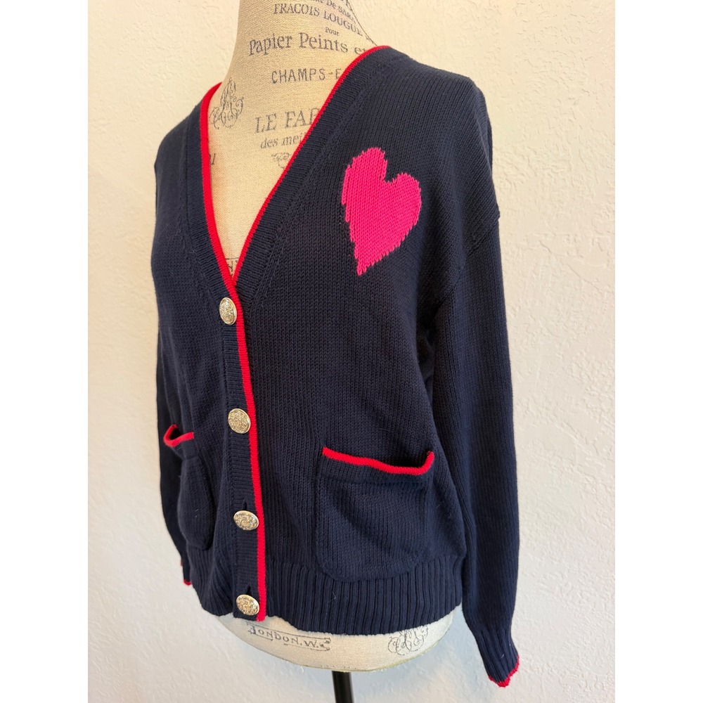 Talbots Navy Blue Cotton Heart Cardigan Gold Crest Buttons Red Trim Size M